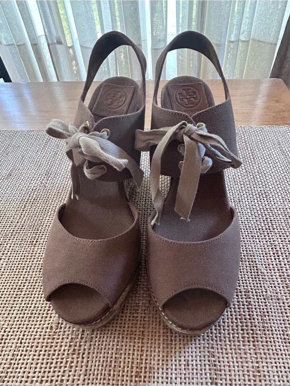 Tory Burch Wedge Sandals w/Brown Canvas,Peep Toe,Slingback & LaceUp Detail. 11